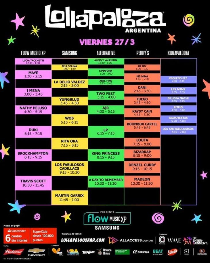 Lollapalooza Argentina Conocé los horarios del lineup día por día para el festival más