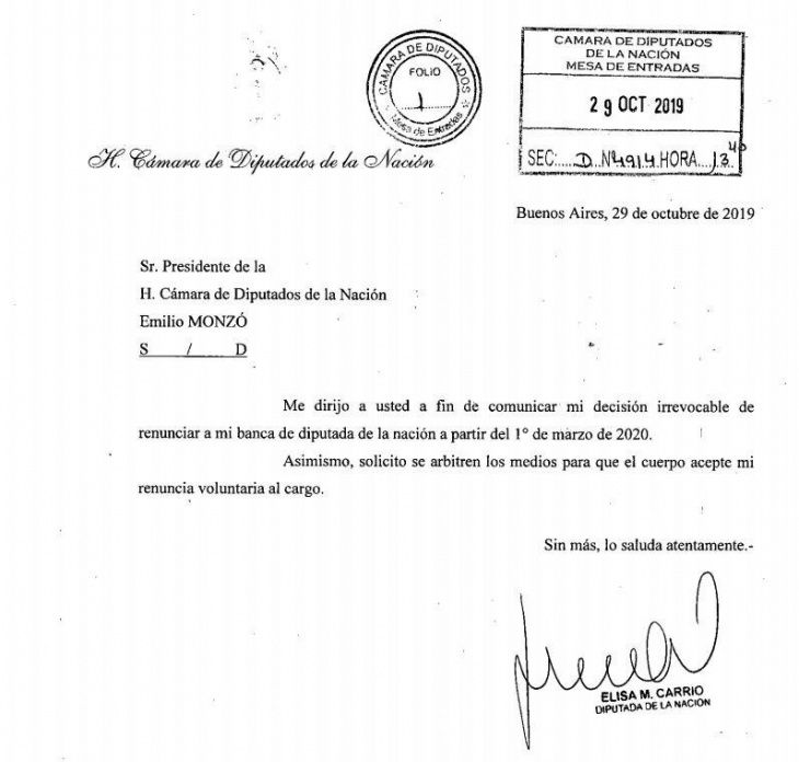 La carta de renuncia de Elisa Carrió