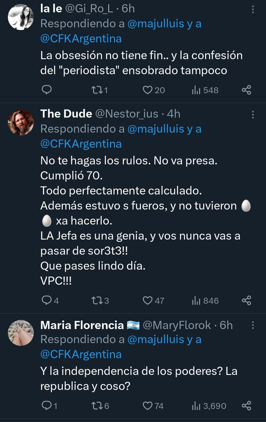 Algunos de los comentarios al posteo de Luis Majul acerca de su llamado a trabajar para que la Justicia encarcele a Cristina Fernández de Kirchner. Lo hizo a segundos de la investidura de Javier Milei como presidente. 