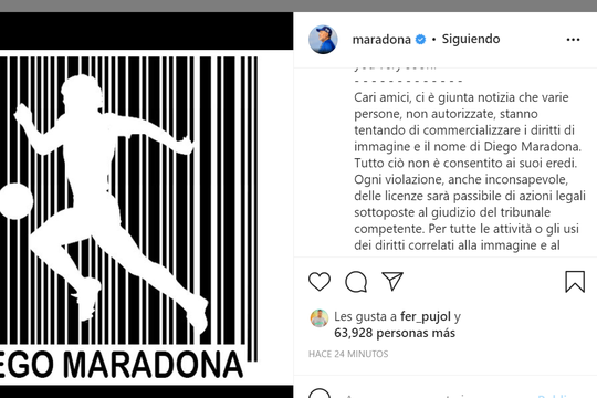 La publicación en la cuenta de Maradona generó sorpresa y lle´go con avisos legales.