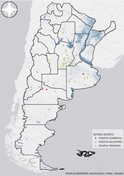 Mapa epidemiológico de la gripe aviar con datos hasta el 06/03/23