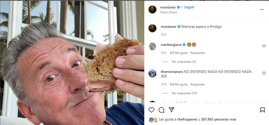 Ricardo Montaner comiendo un sanguchito mientras esperan a Índigo