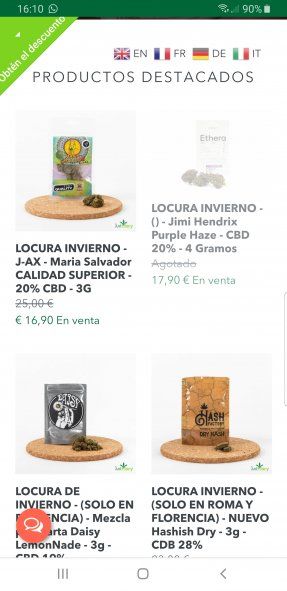 Productos a la venta de marihuana o "cannabis light" en el sitio web que se promociona en el fútbol italiano 