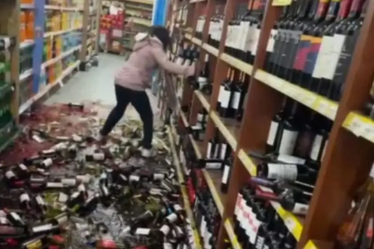 la echaron y destrozo la gondola de vinos de un supermercado