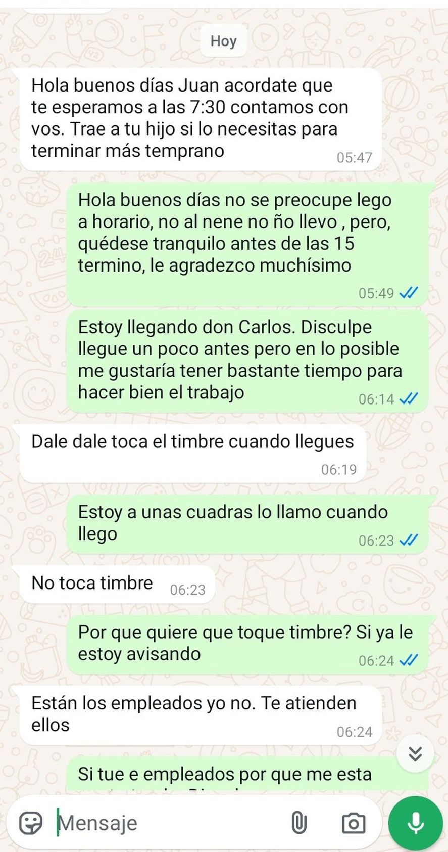 El diálogo de WhatsApp que registra lo sucedido con este changarín el día de fin de año