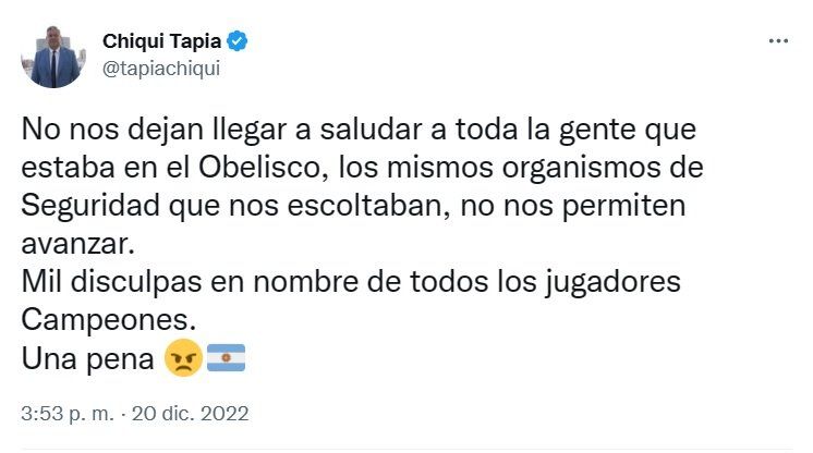 El tuit de Chiqui Tapia para comunicar que los jugadores campeones del mundo continuarán en Helicóptero y dejan la caravana 