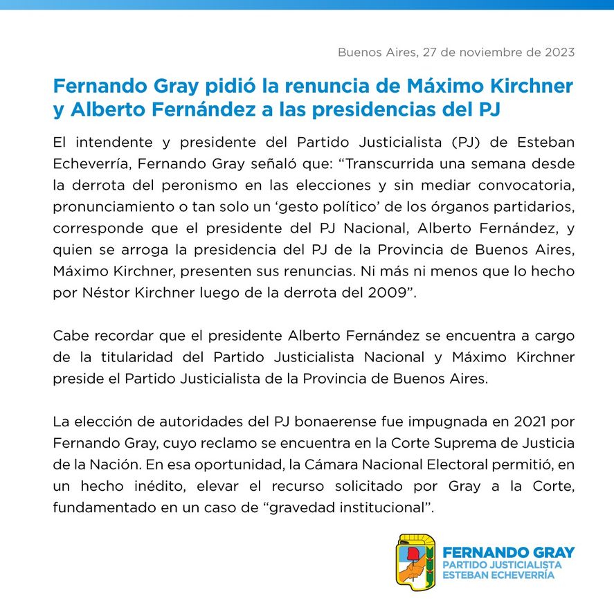 Fernando Gray le pidió la renuncia a Máximo Kirchner y a Alberto Fernández en el PJ con una carta pública.