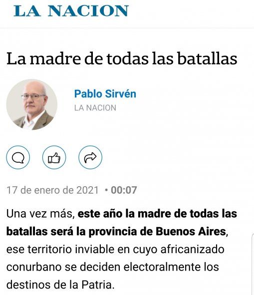 Captura de pantalla de la editorial de hoy de, Pablo Sirvén, secretario de redacción del diario La Nación 