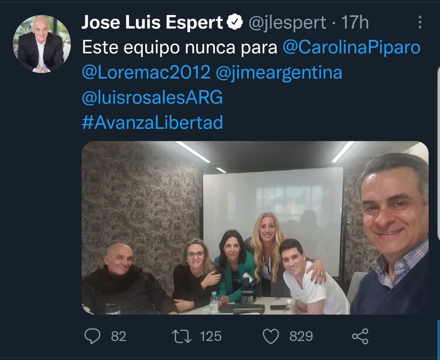 El Tweet de José Luis Espert con la llamativa frase que involucra a Carolina Píparo en la que se lee: "Este equipo nunca para" 