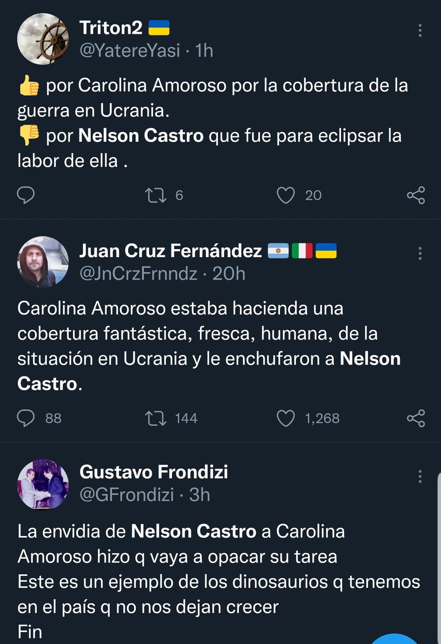 Las opiniones expresadas en redes sociales no son muy favorables al envío del Grupo Clarín de Nelson Castro a Ucrania, para acompañar la cobertura que venía desarrollando Carolina Amoroso 