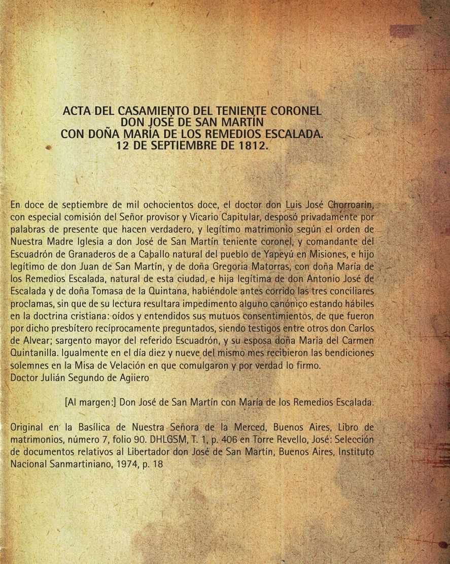 Acta de casamiento del Don José de San Martín con Remedios de Escalada el 12 de septiembre en 1812. ¿El General, sería acusado hoy de pedofilia? 