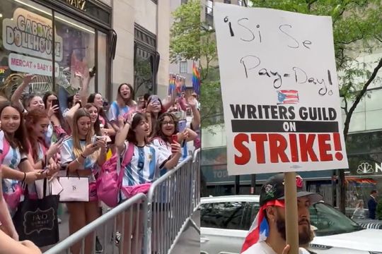 Mirá el video del grupo de argentinas que alentó la huelga de guionistas de Hollywood.