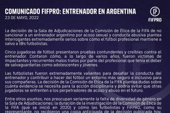 El comunicado que emitió FIFPRO luego de que FIFA confirmase el final de la investigación por las denuncias de acoso sexual contra Diego Guacci.