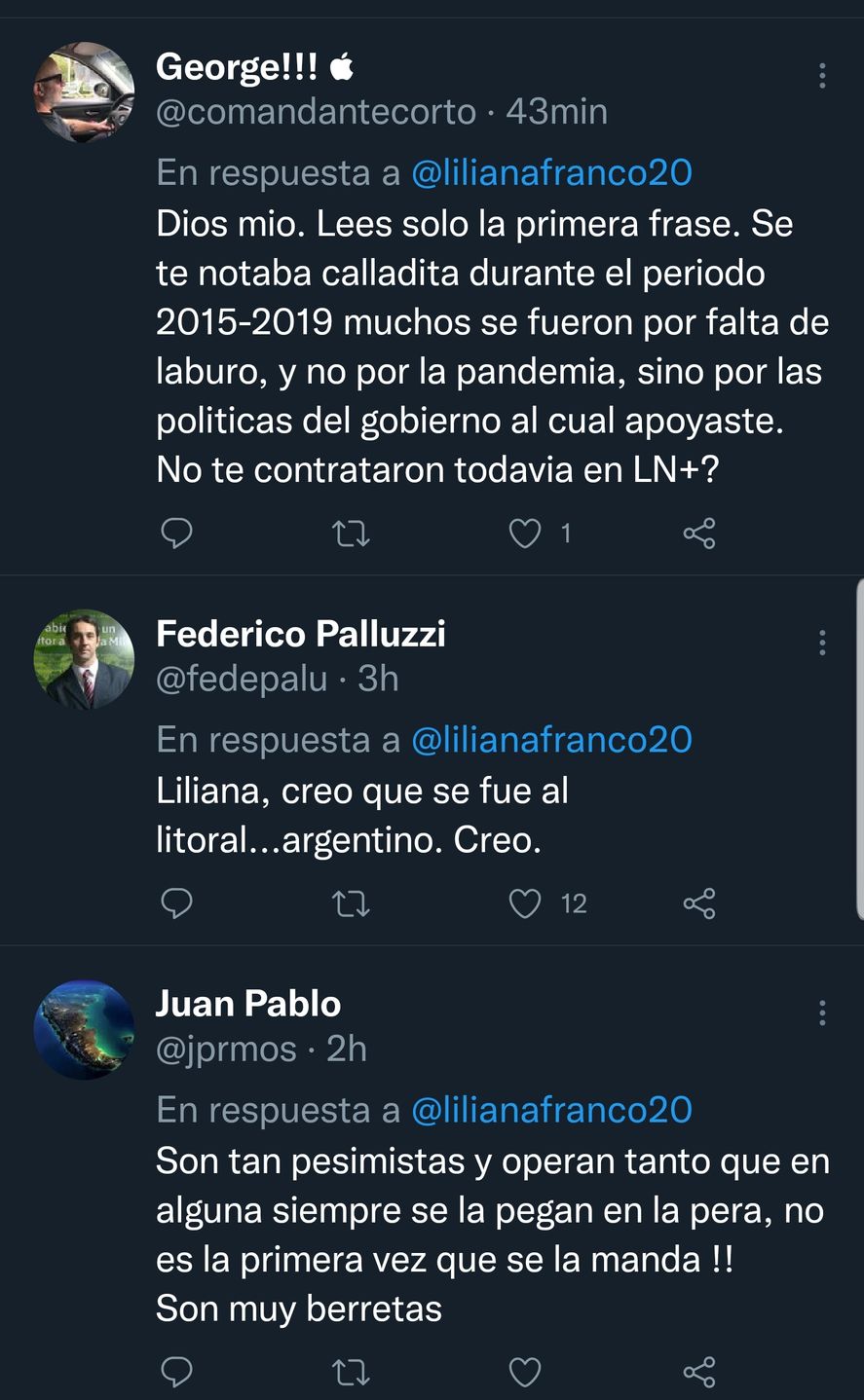 Implacables respuestas al tweet de la periodista Liliana Franco que confundió el litoral con el exterior 