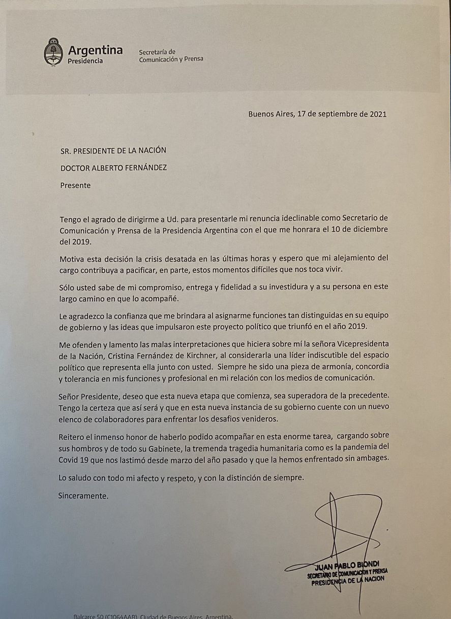 La carta de renuncia del vocero presidencial Juan Pablo Biondi.