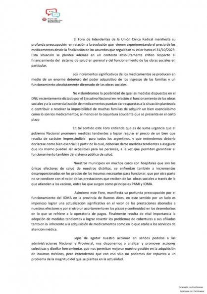 El Foro de Intendentes Radicales pide que los medicamentos sean declarados bienes esenciales para regular los precios.