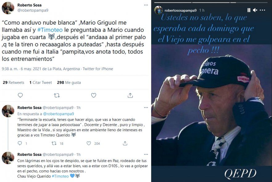 Los mensajes del Pampa Sosa en Twitter e Instagram, tras la muerte de Griguol.
