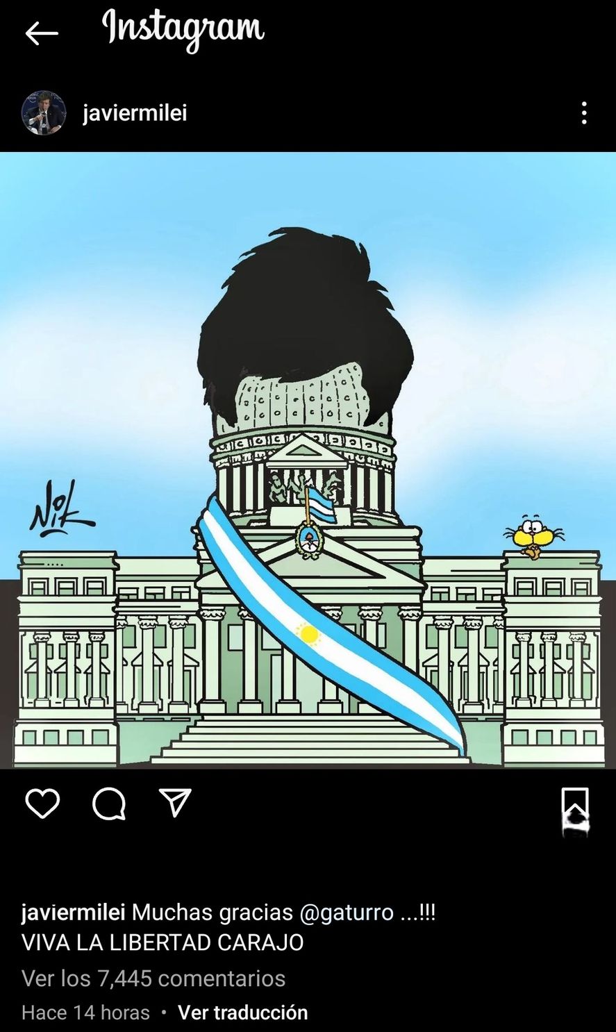 El agradecimiento de Javier Milei en Instagram a Nik por el dibujo. ¿Sabrá o le importará al presidente libertario el plagio que viola derechos de propiedad (privada) intelectual? 