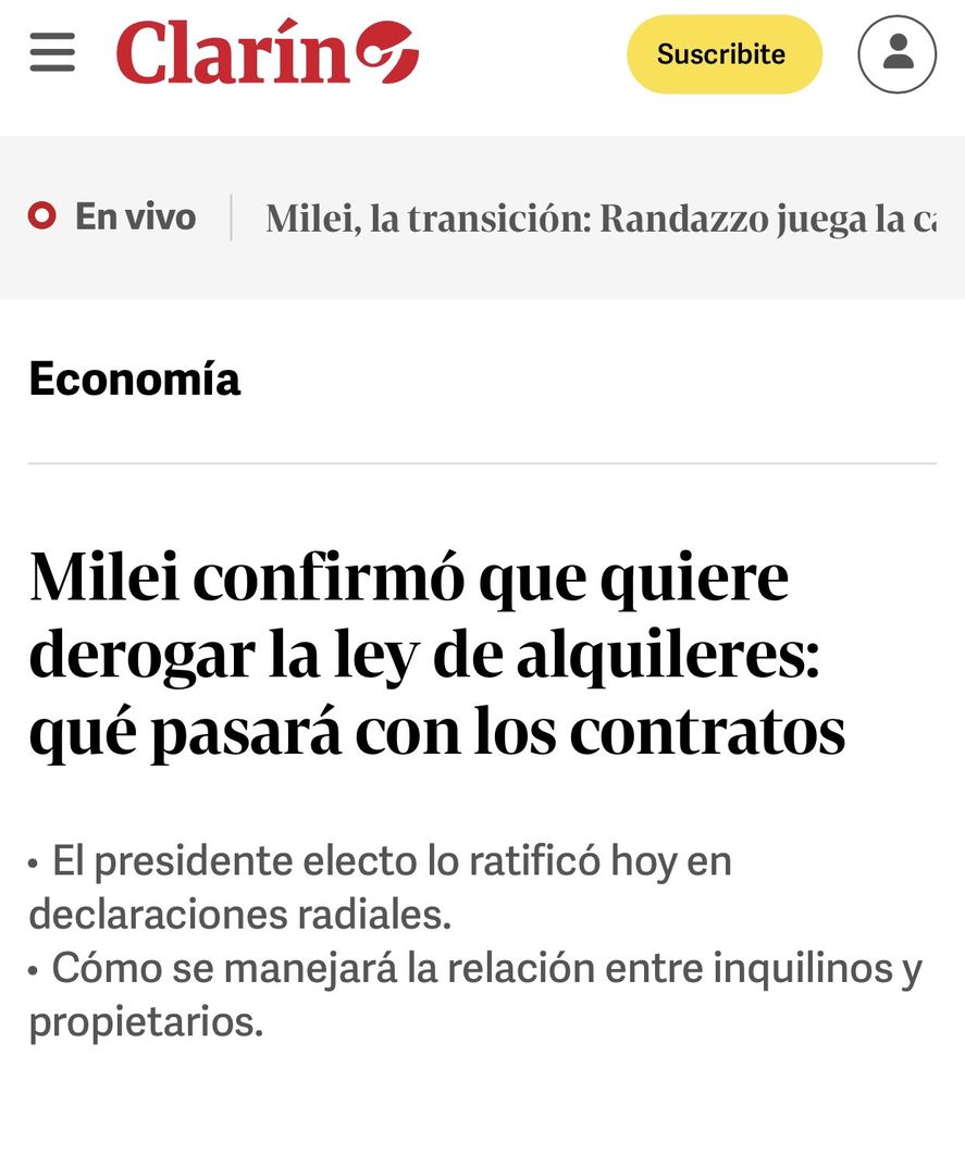 Uno de los primeros anuncios de Javier Milei tras ganar las elecciones fue la derogacion de la ley de alquileres ¿casualidad? 