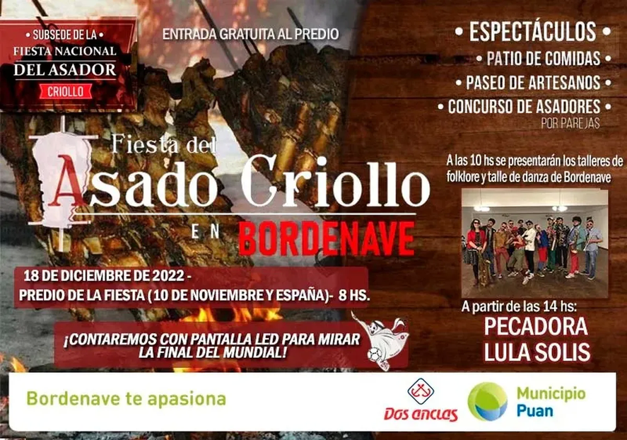 Este domingo se realizar&aacute; la Fiesta del Asado Criollo en Bordenave, localidad perteneciente al partido de Pu&aacute;n, donde se podr&aacute; ver la final del Mundial.