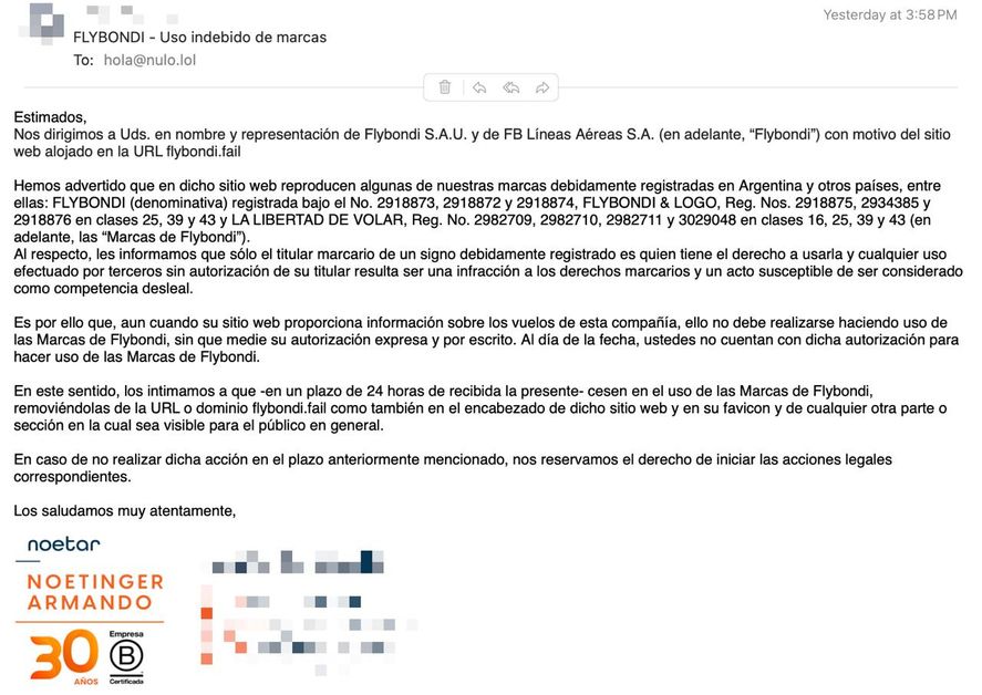 La carta documento que Flybondi le mandó a los creadores del sitio que expone sus demoras, retrasos y cancelaciones