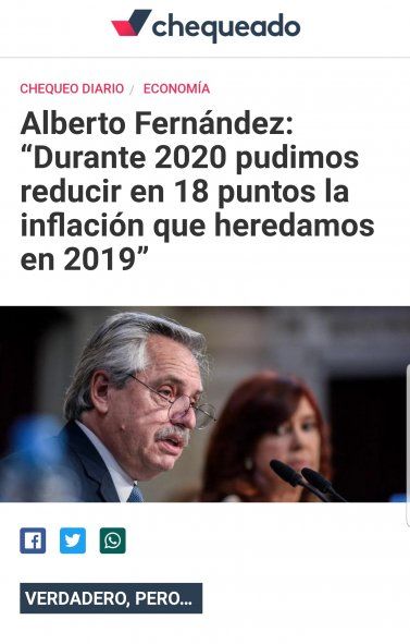 La publicación de Chequeado acerca de la aseveración del presidente Alberto Fernández sobre los números de inflación mereció la calificación de verdadero