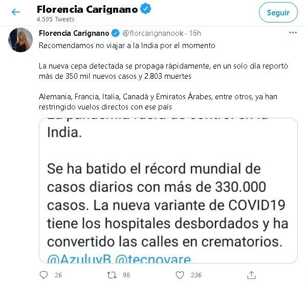 La titular de Migraciones le pidi&oacute; a los argentinos que no viajen a India