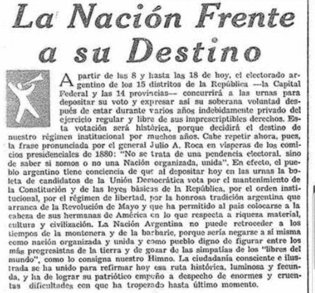 Detalle ampliado del editorial de portada de Clarín el domingo 24 de febrero, horas antes de producirse la elección que colocó a Perón por primera vez como Presidente argentino 