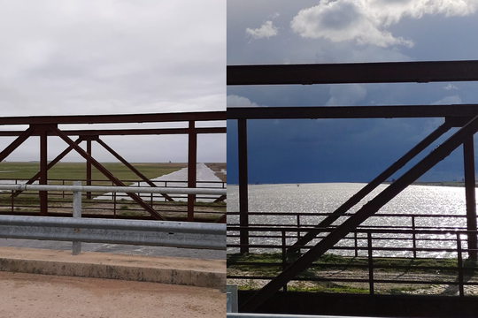 Pîla: el puente del 80, antes y después de las lluvias cuenca arriba del Salado.