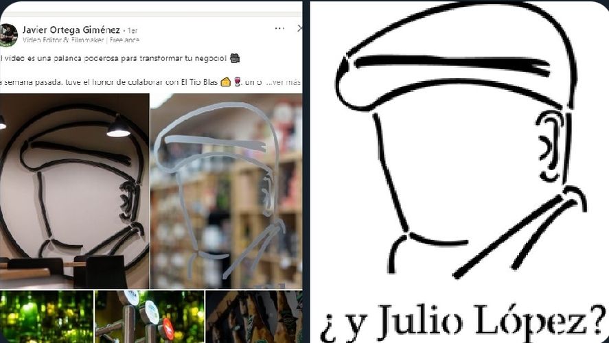 La comparativa entre ambas siluetas idénticas. La de Jorge Julio López y la copia en Valencia, España, del mismo logo para una fiambrería 