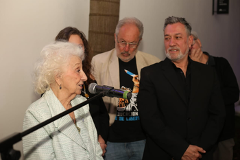 Estela de Carlotto, Pablo Díaz y Alejo García Pintos en la presentación de Lápices, un musical con Memoria.Foto: Daniel Olivero