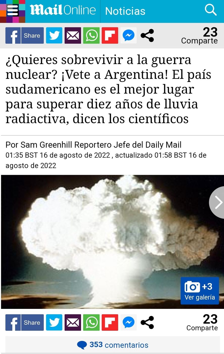De esta manera títulóel diario inglés The Daily Mail la nota acerca de Argentina como el mejor lugar del mundo para sobrevivir a una guerra nuclear