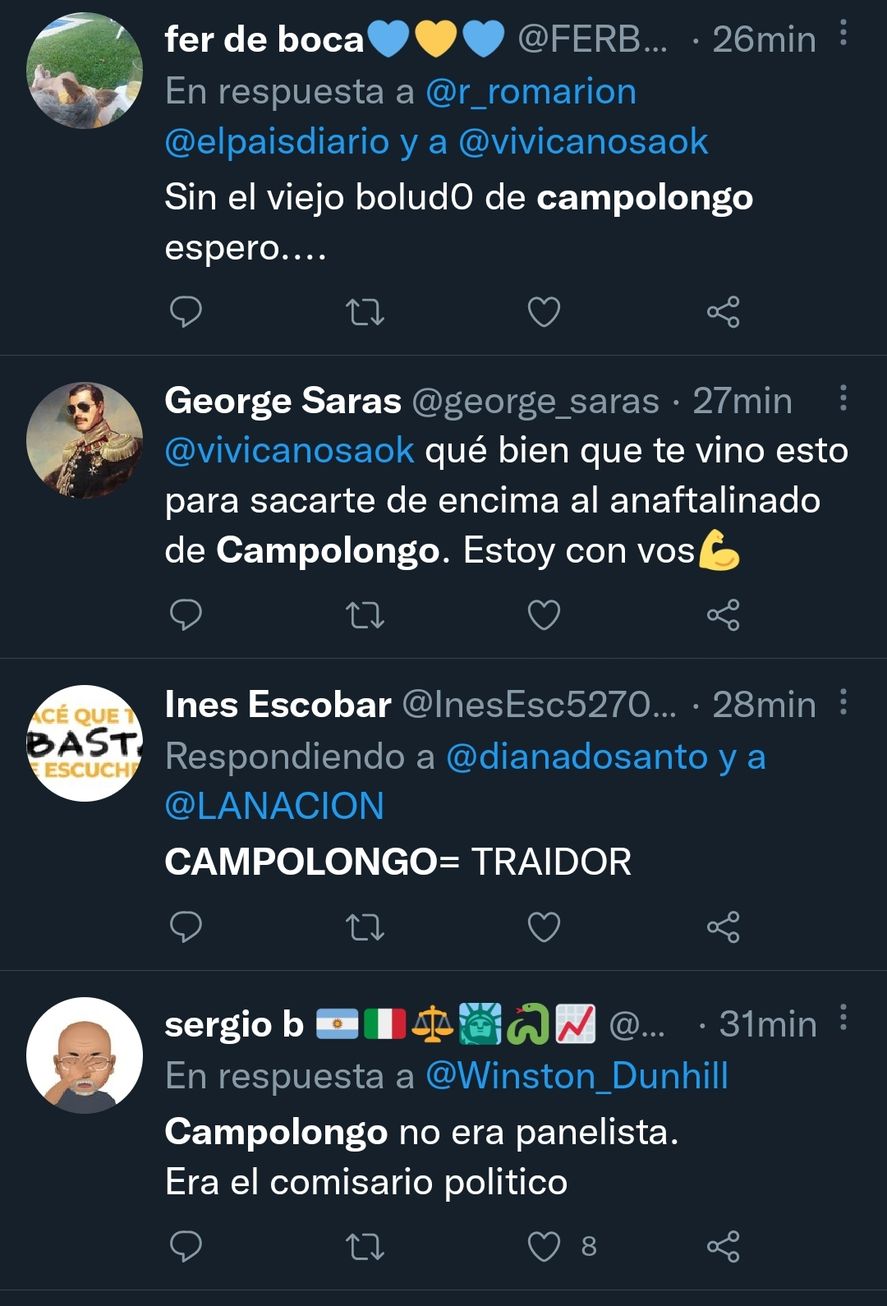 Los comentarios en redes de los fans de Viviana Canosa eran lapidarios para con su ex panelista, el veterano periodista Carlos Campolongo, de extracción peronista 