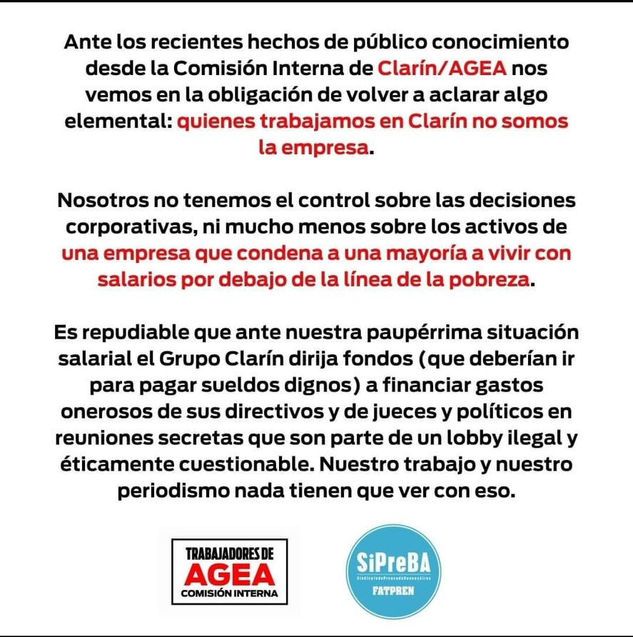 Duro comunicado publicado por los trabajadores de Clarín despegándose y condenando la situación generada a partir de las dádivas de la empresa en un viaje al Lago Escondido a jueces, fiscales, y funcionarios porteños. 