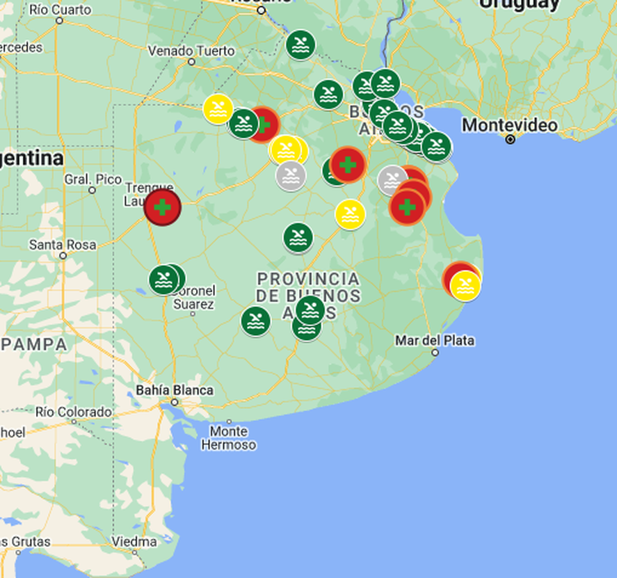 En varias ciudades bonaerenses hay alerta roja, naranja y amarilla por cianobacterias. 