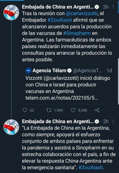El Embajador de China, Zou Xiaoli comunicó desde la cuenta oficial de Twitter de la embajada, la facilitacion de los términos para la fabricación de la vacuna Sinopharm en Argentina 