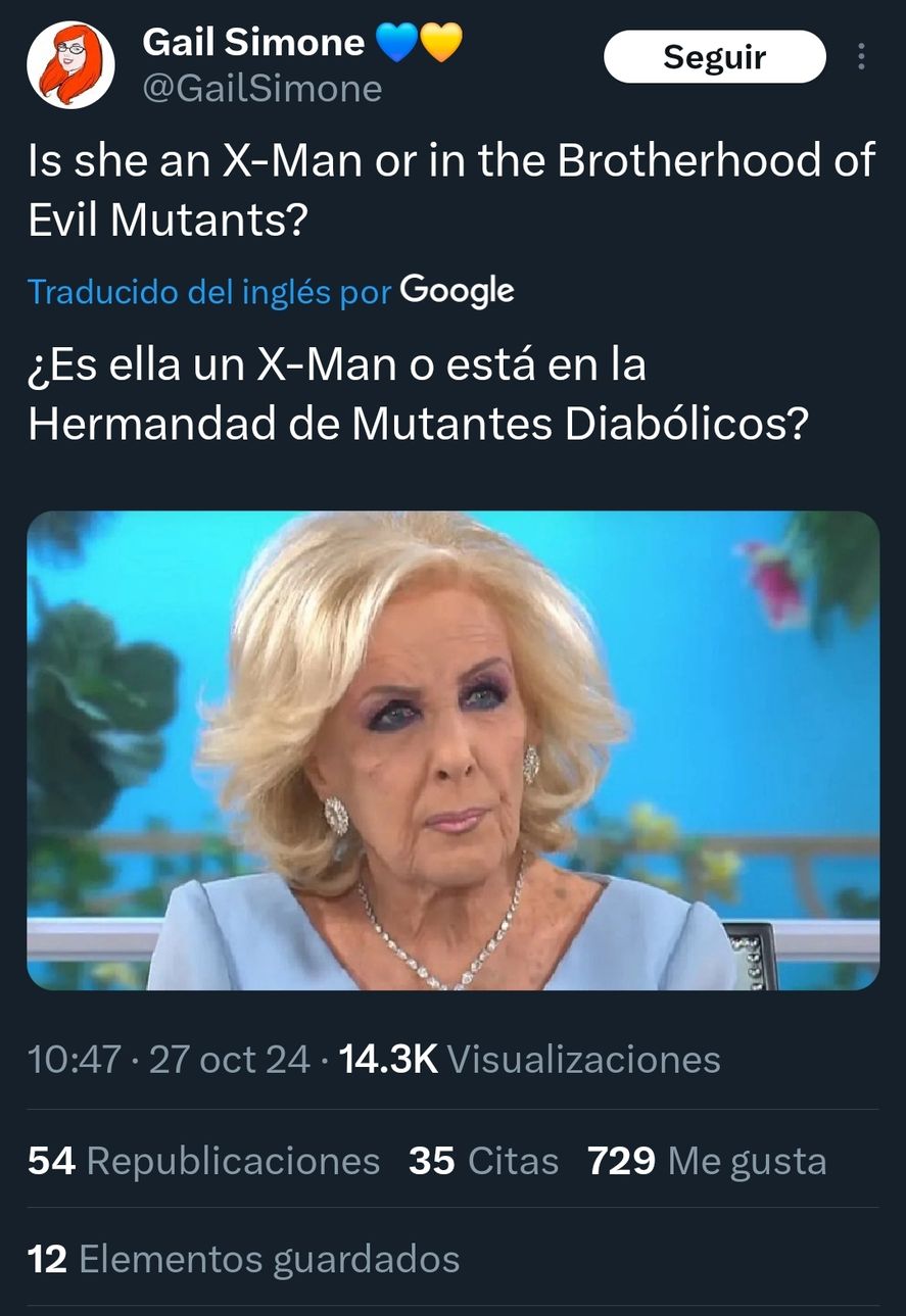 El tuit de la guionista de cómics estadounidense, refiriéndose a Mirtha Legrand 