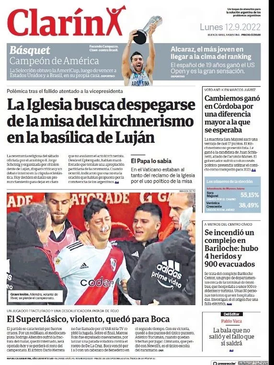 La portada de Clarín grafica el triunfo de Boca con una foto de Rodrigo Aliendro, el jugador de River que salió lastimado 
