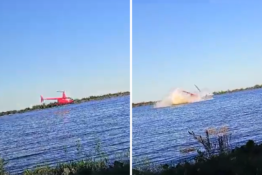 El momento en el que el helicóptero impacta contra el río en Ramallo