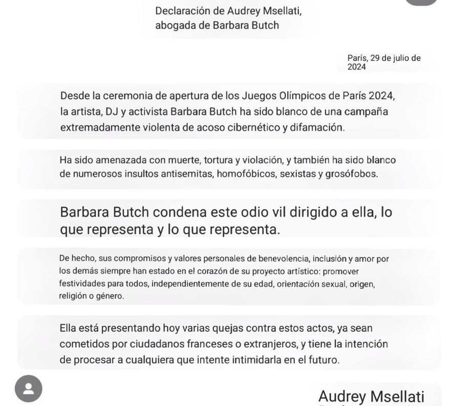 Traducción de la declaración de la abogada de la Dj Bárbara Bach al respecto de las agresiones que recibe online por su participación en la ceremonia inaugural de los Juegos Olímpicos de París 2024 