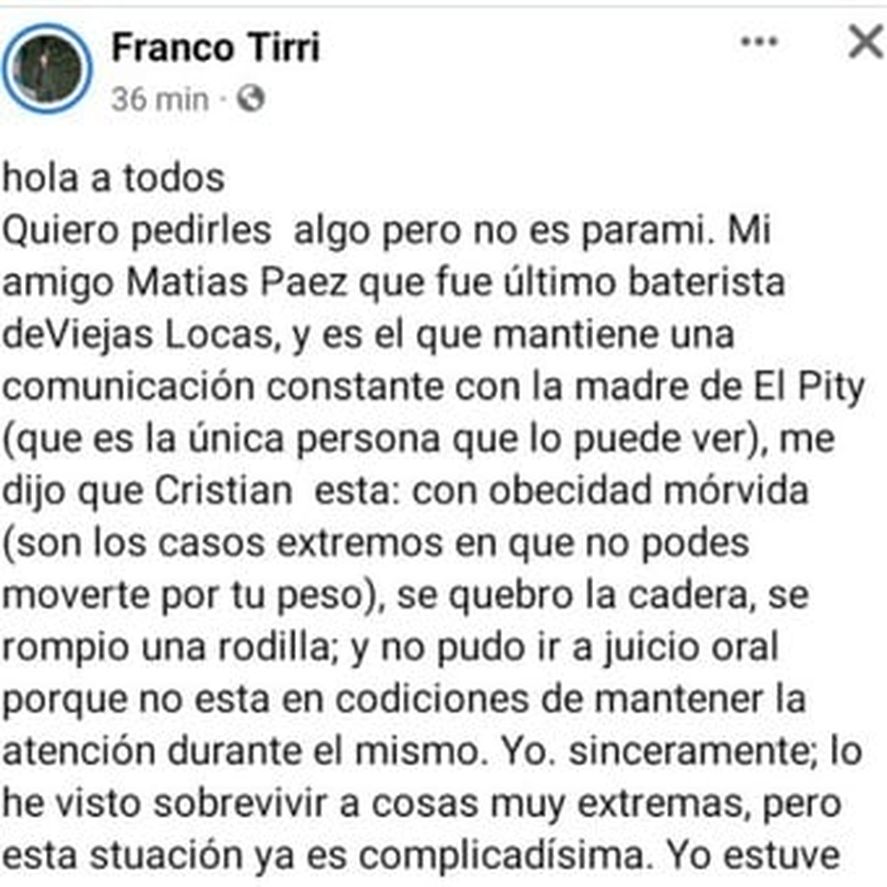 El posteo de Franco Tirri hablando sobre la salud de Pity &Aacute;lvarez