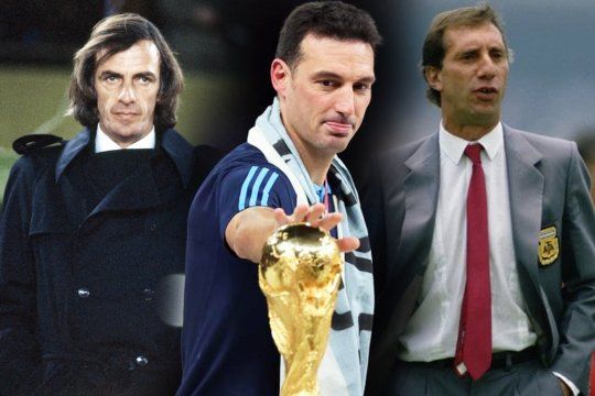 César Menotti, Lionel Scaloni y Carlos Bilardo. Los tres DTs campeones del mundo con Argentina.