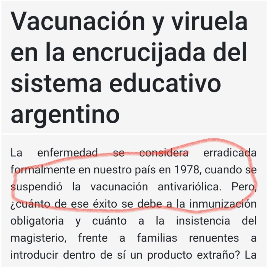 Un trabajo publicado por la Dirección General de Cultura y Educación bonaerense afirma que la vacuna antivariólica se daba a alumnos en edad escolar hasta 1978 