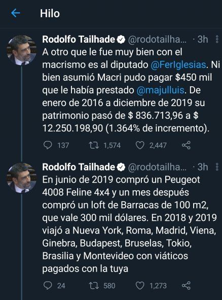 El hilo de Twitter del Diputado del Frente de Todos Rodolfo Tahilade denunciando a su par Fernando Iglesias por incremento desmedido de su patrimonio 
