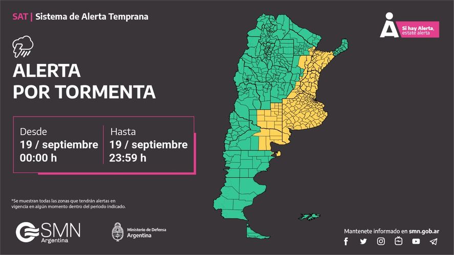 La alerta amarilla por fuertes tormentas, granizo y vientos rige en toda la provincia de Buenos Aires.