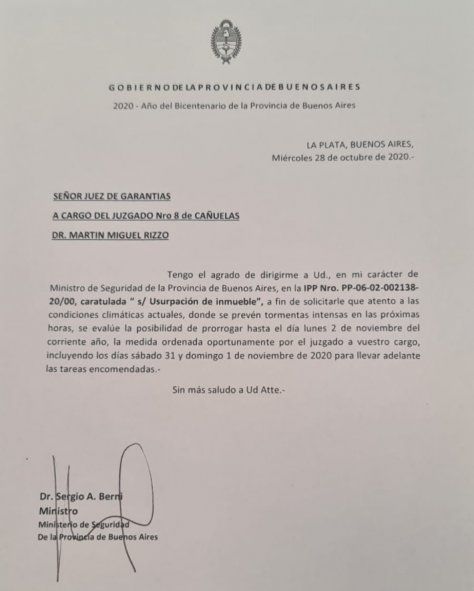 El pedido que el ministro de Seguridad, Sergio Berni, elevó al juez Rizzo para que postergue dos días el desalojo.