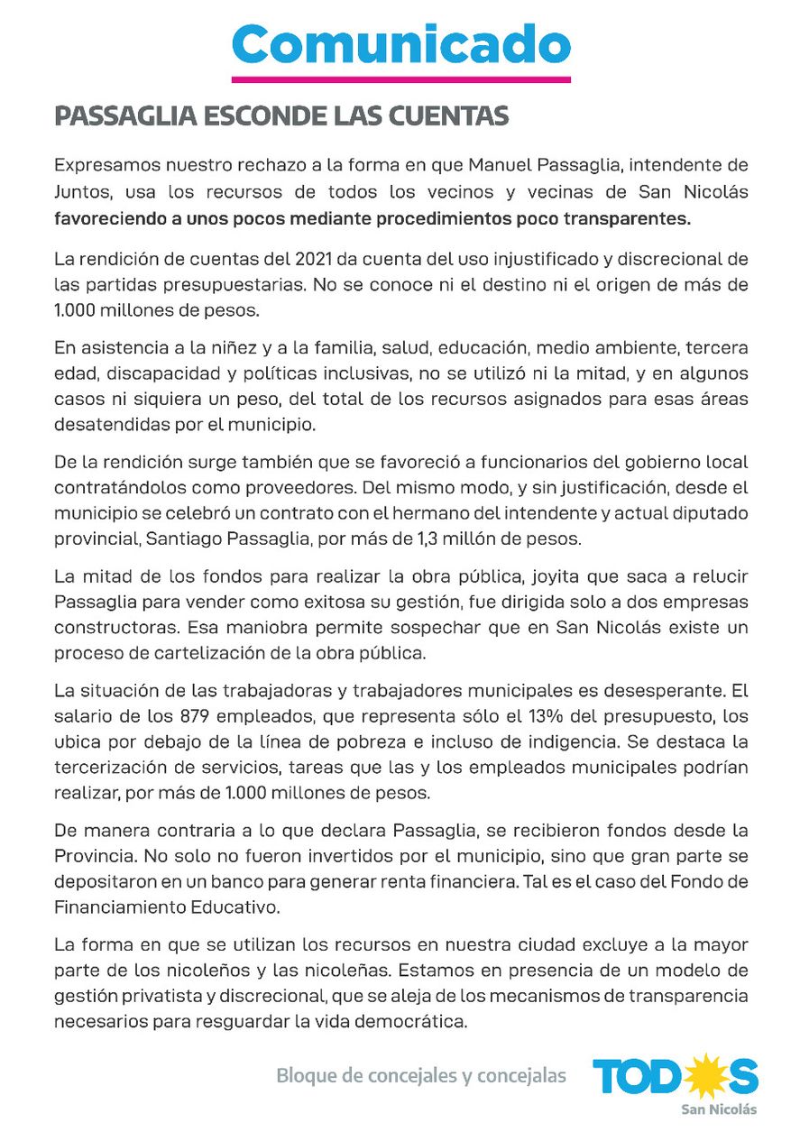 Comunicado del Frente de Todos de San Nicolás tras el debate por la rendición de cuentas 
