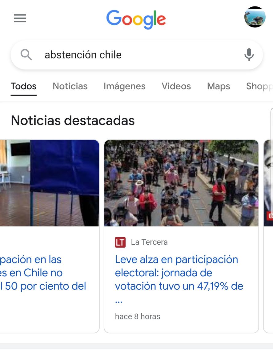 Para encontrar información de la abstención en Chile se debe incluir el nombre del país en el buscador y las respuestas remarcan un "alza en participación", o sea ven la mitad llena del vaso 