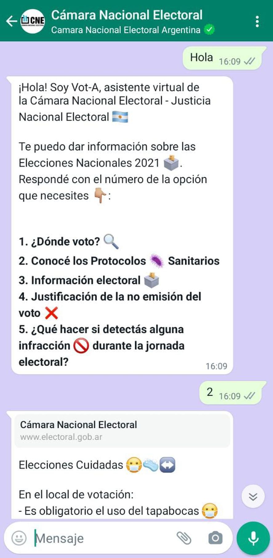 La C&aacute;mara Nacional Electoral (CNE) lanz&oacute; Vot-A un chatbot en WhatsApp para saber combatir la desinformaci&oacute;n en las pr&oacute;ximas Elecciones 2021.