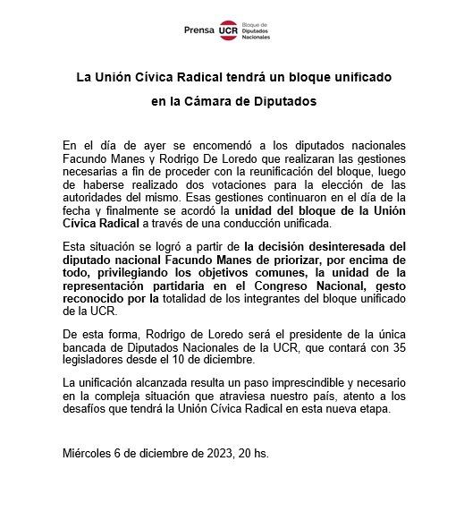 Comunicado oficial de la UCR confirmando la reunificaci&oacute;n de sus diputados nacionales.
